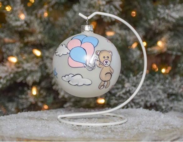 Boule Mon premier Noël ourson ballons roses et bleus D 8cm