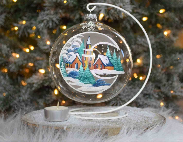 Boule de Noël photophore en verre décor en lune village de Noël D 150mm