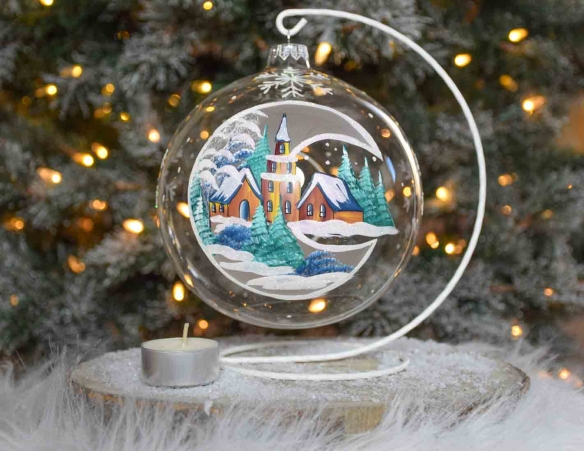 Boule de Noël photophore en verre décor en lune village de Noël D 150mm