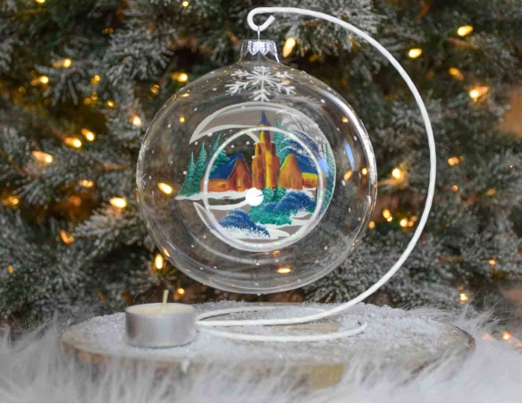 Boule de Noël photophore en verre décor en lune village de Noël D 150mm