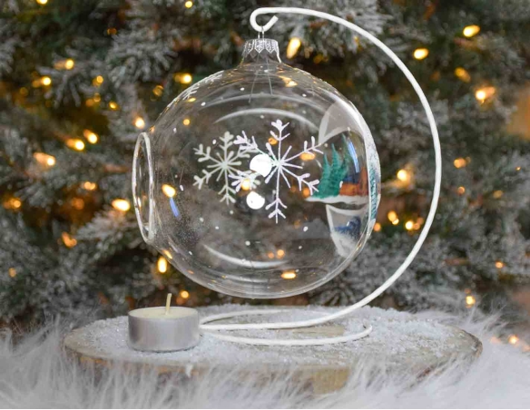 Boule de Noël photophore en verre décor en lune village de Noël D 150mm
