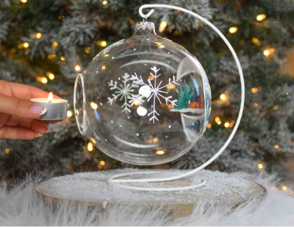 Boule de Noël photophore en verre décor en lune village de Noël D 150mm
