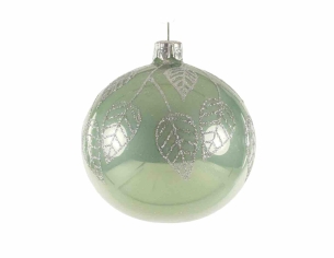 Boule de Noël vert d'eau décor feuilles argentés D 8cm