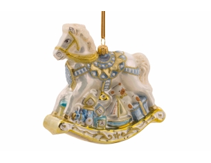 Boule de Noël "Mon premier Noël" cheval à bascule blanc bleu et doré. Hauteur 15cm