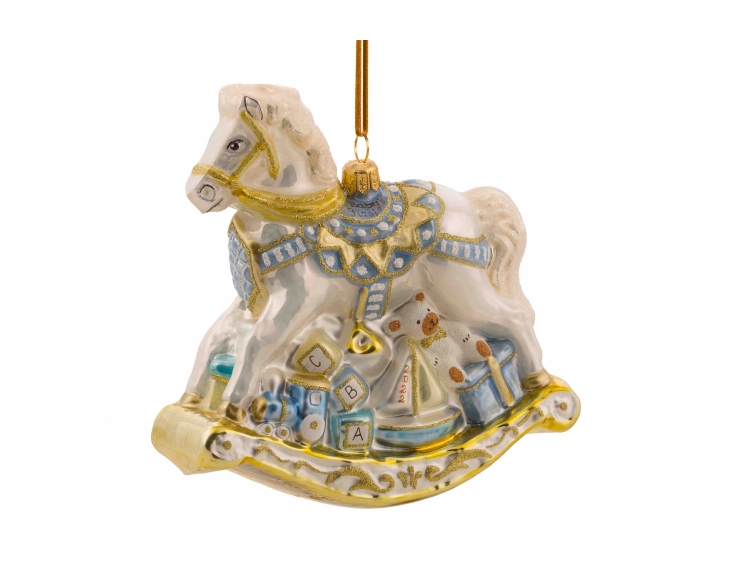 Boule de Noël "Mon premier Noël" cheval à bascule blanc bleu et doré. Hauteur 15cm