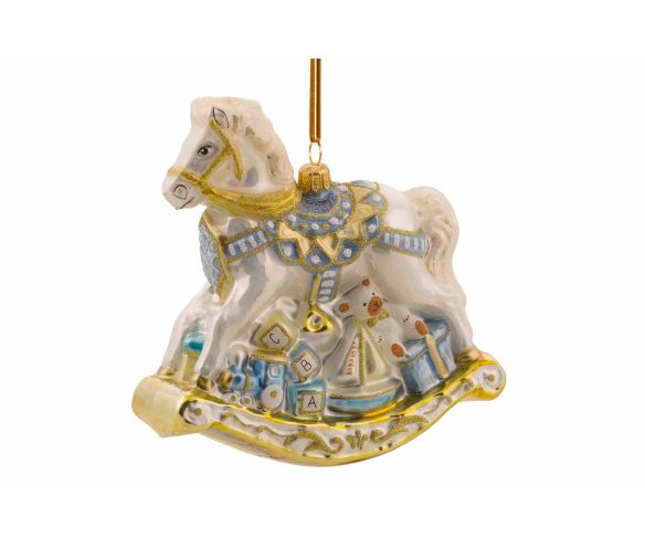 Boule de Noël "Mon premier Noël" cheval à bascule blanc bleu et doré. Hauteur 15cm