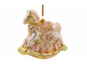 Boule Mon premier Noël cheval bascule rose H 15cm