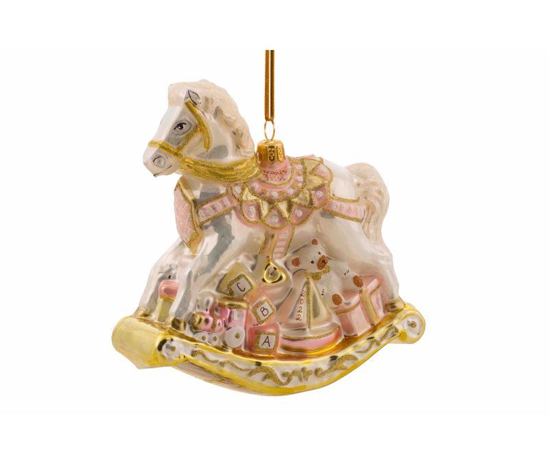 Boule Mon premier Noël cheval bascule rose H 15cm