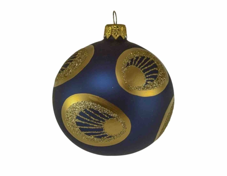 Boule de Noël en verre bleu nuit dessin plume de paon dorée - ø 80mm