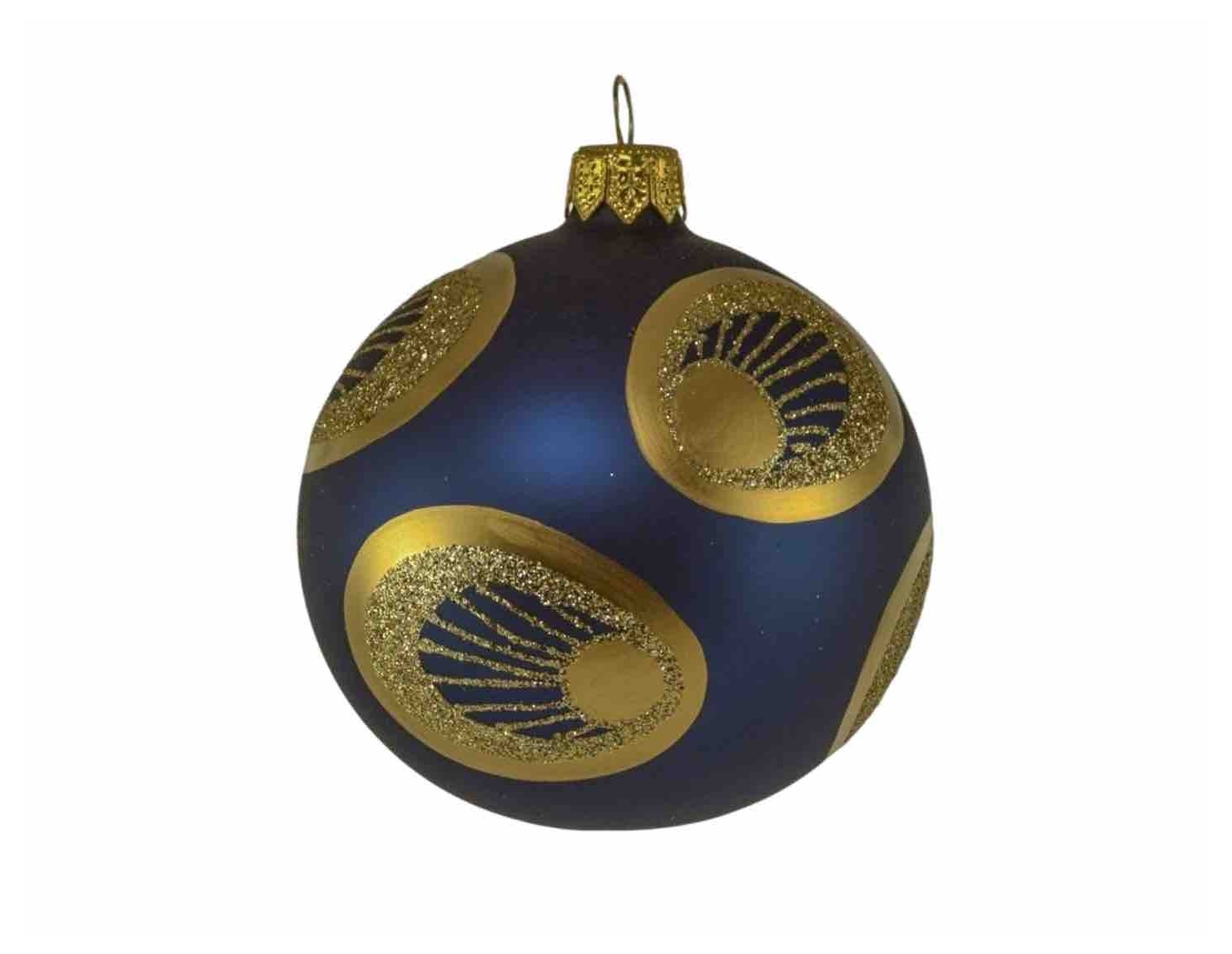 Boule de Noël artisanale bleu nuit décor doré plume de paon verre soufflé