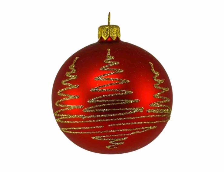 Boule de Noël rouge matte décor sapin doré verre soufflé D 8