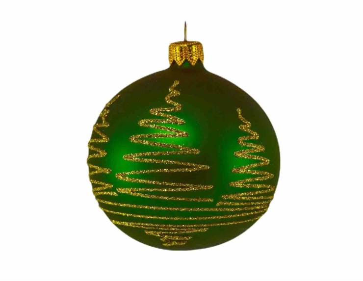 Boule de Noël vert mat décor moderne sapin doré - D 80mm