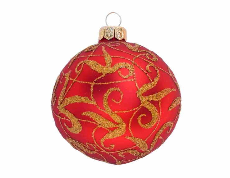 Boule de Noël en verre rouge mat motif doré - ø 8cm
