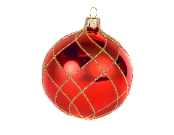 Boule de Noël rouge brillante avec ligne dorées motifs losange - ø 8cm
