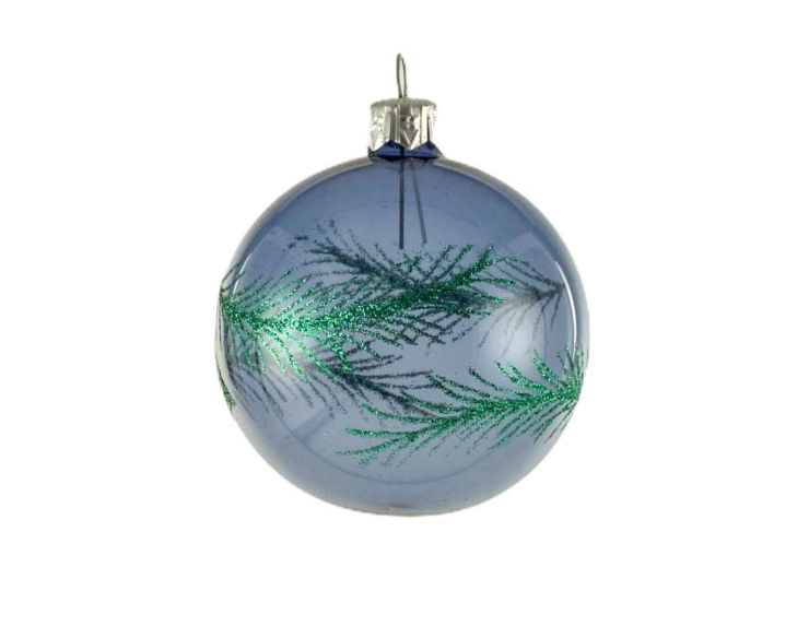 Boule de Noël bleu décor plume vert émeraude - ø 7cm