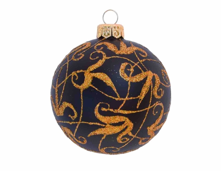 Boule de Noël noire mat en verre soufflée, décors doré brillant. 
Diamètre 8cm