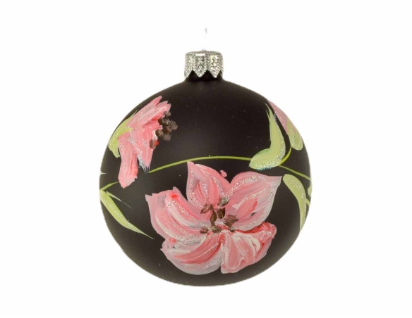 Boule de Noël contemporaine noire avec fleur rose ø 80mm
