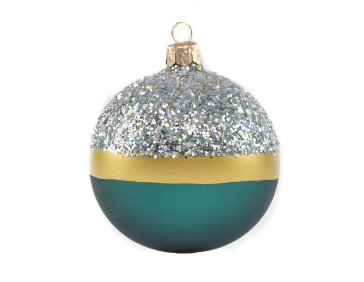 Boule de Noël vert émeraude matte ligné or et paillettes - ø 8cm