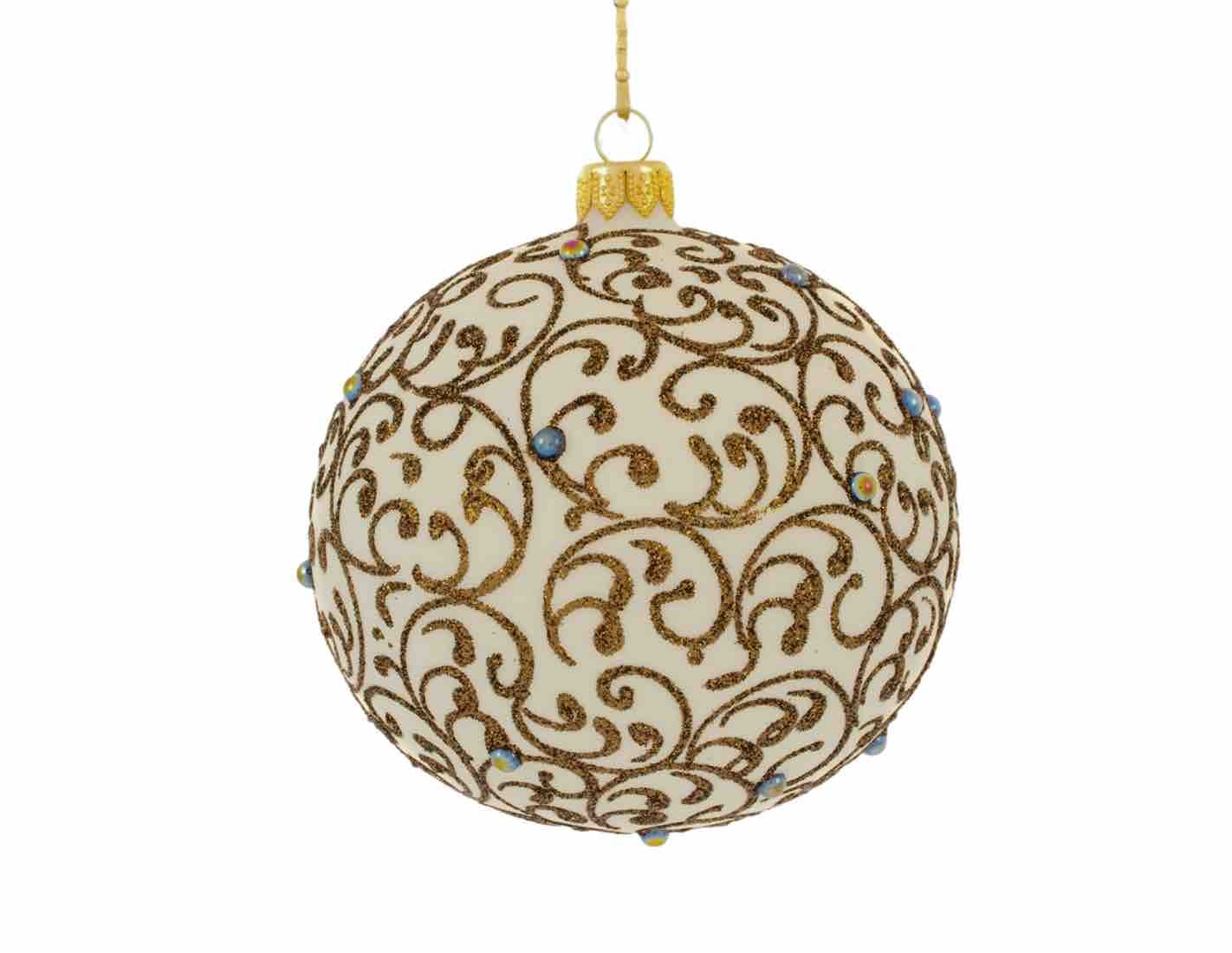 Boule de Noël style baroque crème motifs arabesques dorées ø 8cm