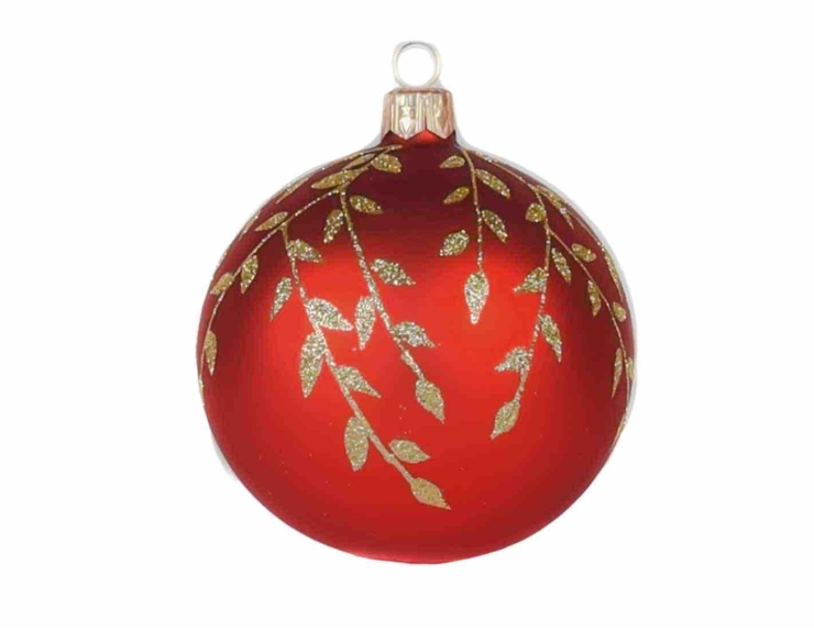 Boule de Noël rouge mat décor feuilles dorées - ø 8cm