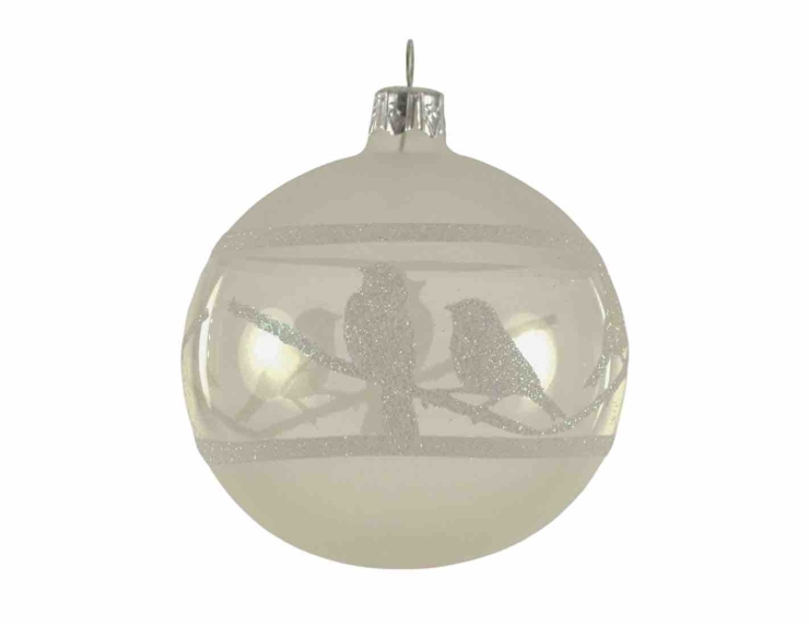 Boule de Noël blanche transparente avec oiseaux D 8cm