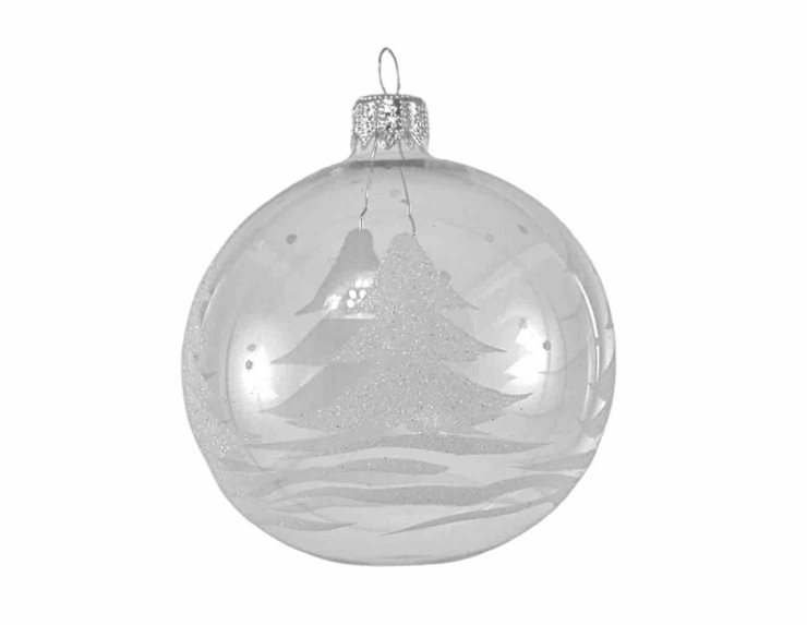 Boule de Noël transparente en verre soufflé décor sapin blanc - D 80mm