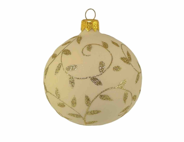 Boule de Noël blanc crème en verre soufflé décor feuilles dorées - ø 8cm