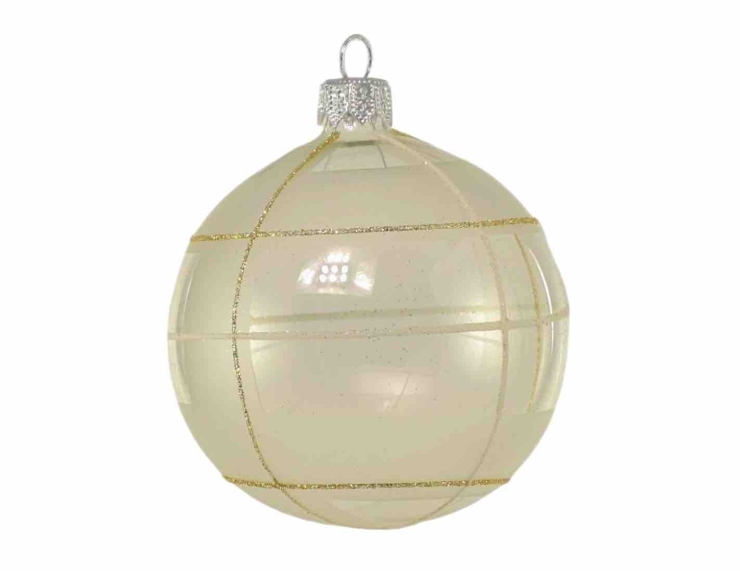 Boule de Noël décor tartan transparente blanc et or D 80mm