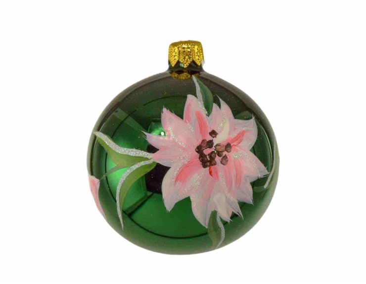 Boule de Noël verte brillante décor fleurs roses D 8cm