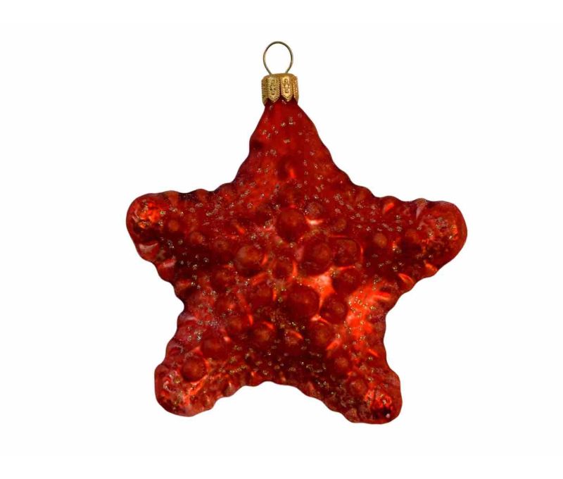 Boule de Noël verre soufflé forme étoile de mer rouge orangé paillettes dorées capuchon doré H10cm