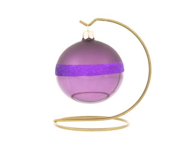 Boule de Noël mauve en verre soufflé et décorée de paillettes mauves. Diamètre 8cm.