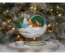 See slide bougeoir de Noël grand boule de Noël 15cm diamètre, décors maisonnette dorée et sapins verts. Support inclus