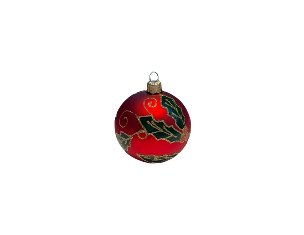 Boule de Noël rouge verre soufflé décor houx D 8cm | Made in Europe