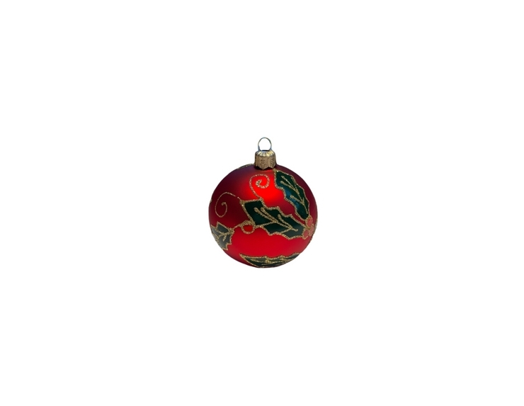 Boule de Noël rouge en verre soufflé dessin houx vert et rouge - D 80mm