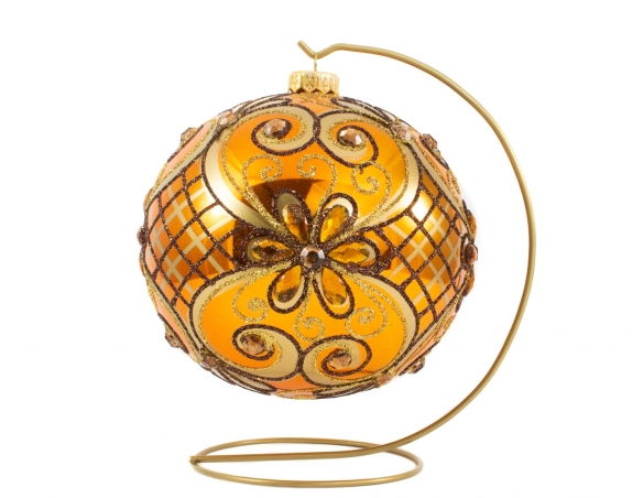Grande boule de Noël cuivrée avec strass et paillettes dorés, décors baroque. Diamètre 15cm support doré inclus