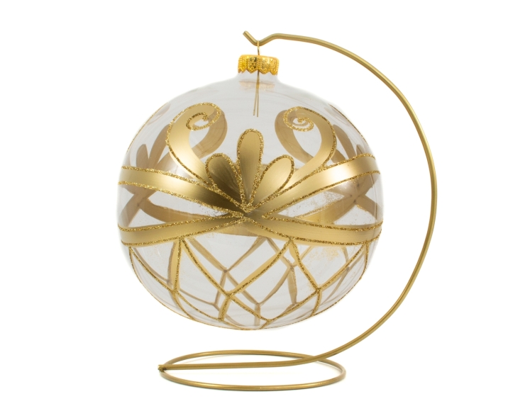 Grande boule de Noël baroque transparente décor doré avec support diamètre 15cm