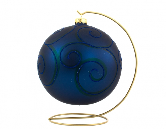 Grande boule de Noël en verre bleu marine spirales bleues pailletées avec support, diamètre 15cm