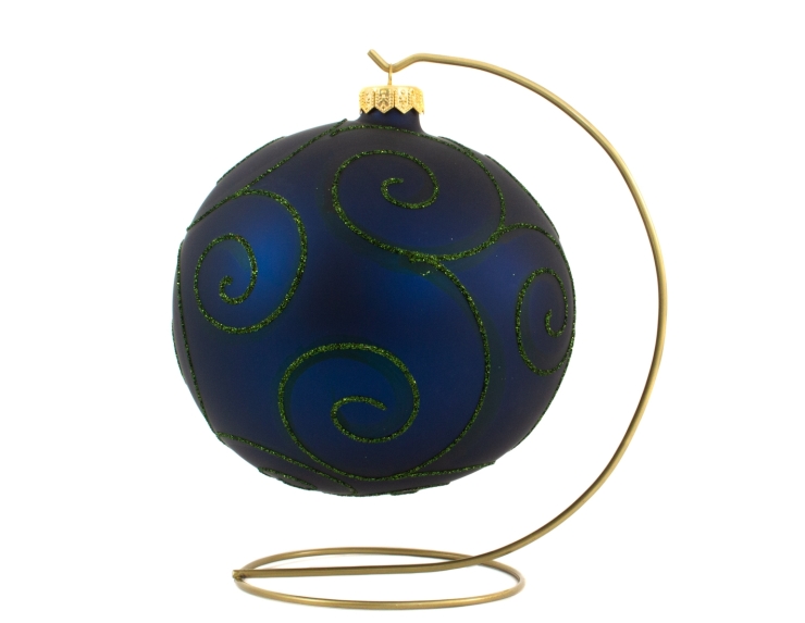 Grande boule de Noël en verre bleu marine spirales vertes pailletées avec support diamètre 15cm