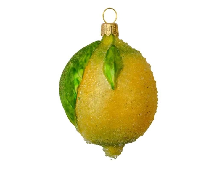 Boule de Noël originale citron jaune, verre soufflé, peint à la main. Hauteur 9cm.