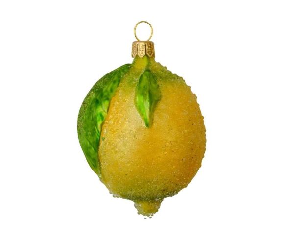 Boule de Noël originale citron jaune, verre soufflé, peint à la main. Hauteur 9cm.
