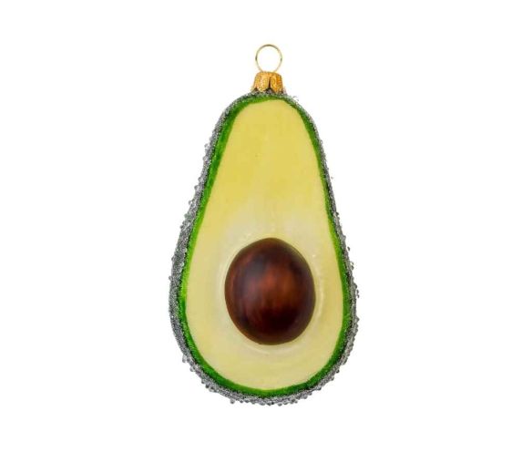 Suspension Noël verre soufflé demi avocat extérieur vert foncé texturé pailleté intérieur vert clair jaune noyau brun H12cm