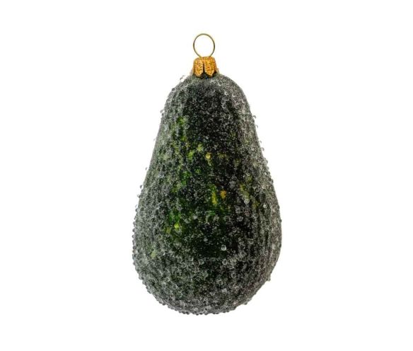 Suspension Noël verre soufflé demi avocat extérieur vert foncé texturé pailleté intérieur vert clair jaune noyau brun H12cm