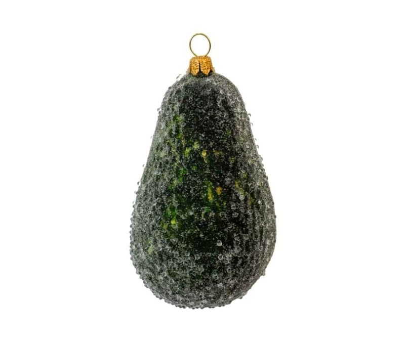 Suspension Noël verre soufflé demi avocat extérieur vert foncé texturé pailleté intérieur vert clair jaune noyau brun H12cm