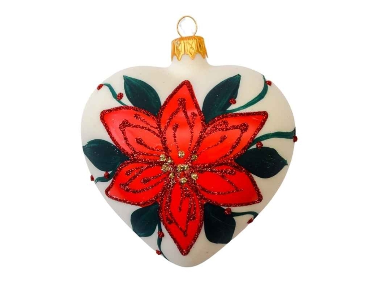 Coeur blanc fleur de Noël verre soufflé 10cm