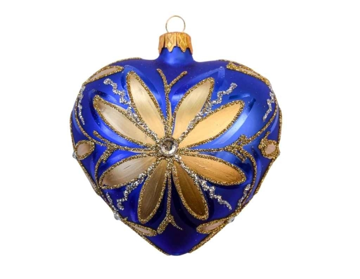Boule de Noël coeur bleu mat verre soufflé, décors dorés. Hauteur 10cm