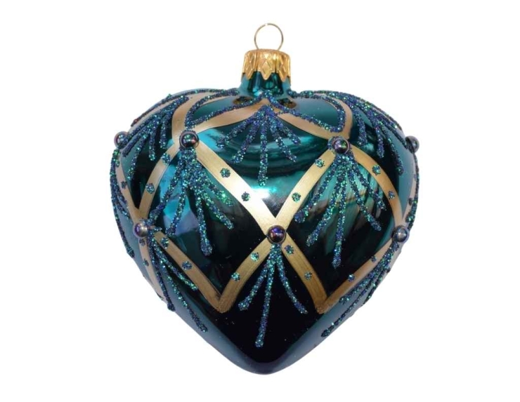 Boule de Noël coeur vert émeraude brillant, décors dorés et pailletés vert. Hauteur 10cm