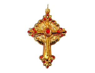 Croix doré rouge verre soufflé déco sapin H 12cm