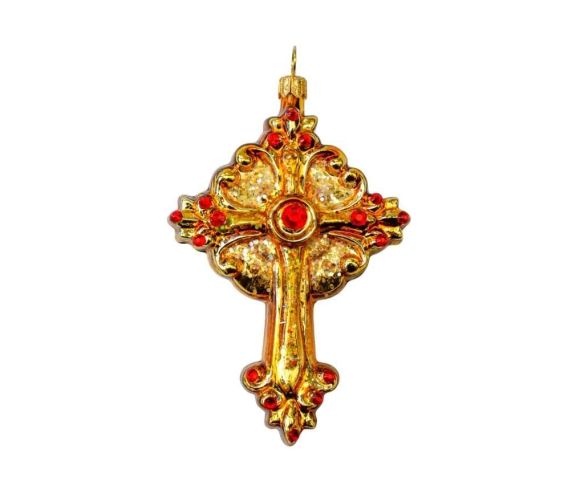 Suspension Noël verre soufflé croix baroque dorée strass rouges volutes paillетées H12cm