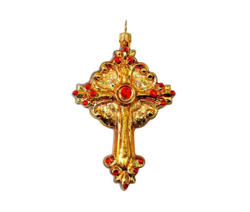 Croix doré rouge verre soufflé déco sapin H 12cm