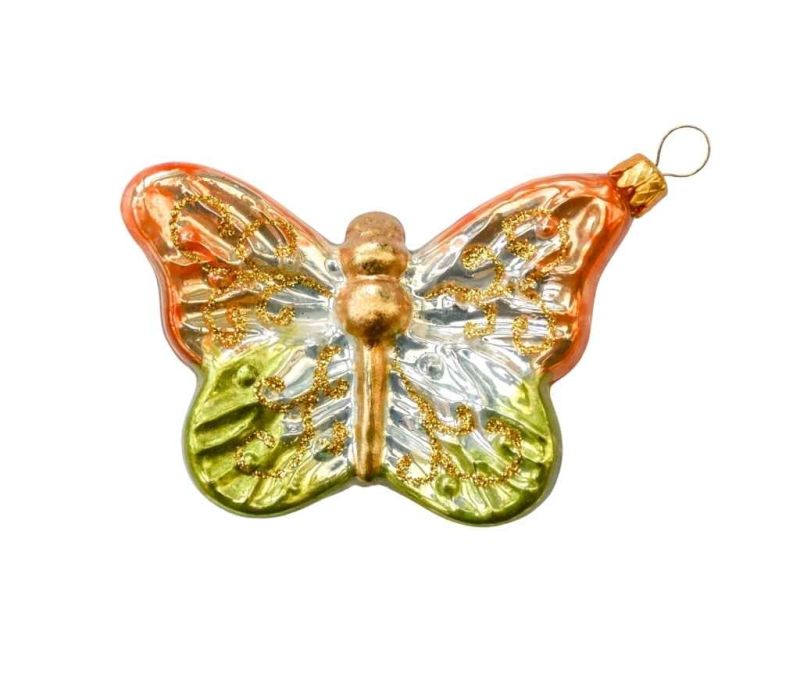 Suspension de Noël papillon orange vert H 6cm